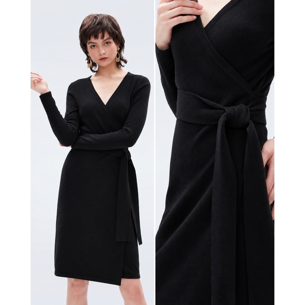 Diane von Furstenberg Black Wool Cashmere Knit Wrap Dress Medium DVF Long Sleeve